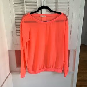 F21 Neon Orange Long Sleeve Sheer Blouse, Size M